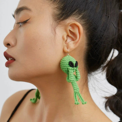 Green Plush Alien ET Earrings Hand-woven Cotton