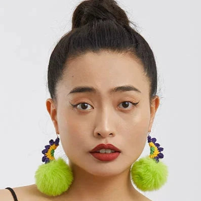 Original Green Plush Ball Earrings Hand-woven Cotton