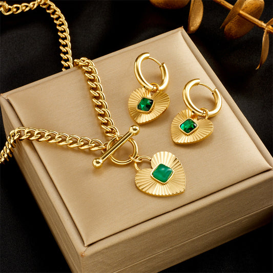 Vintage Emerald Zircon Pendant Necklace Earrings Jewelry Set