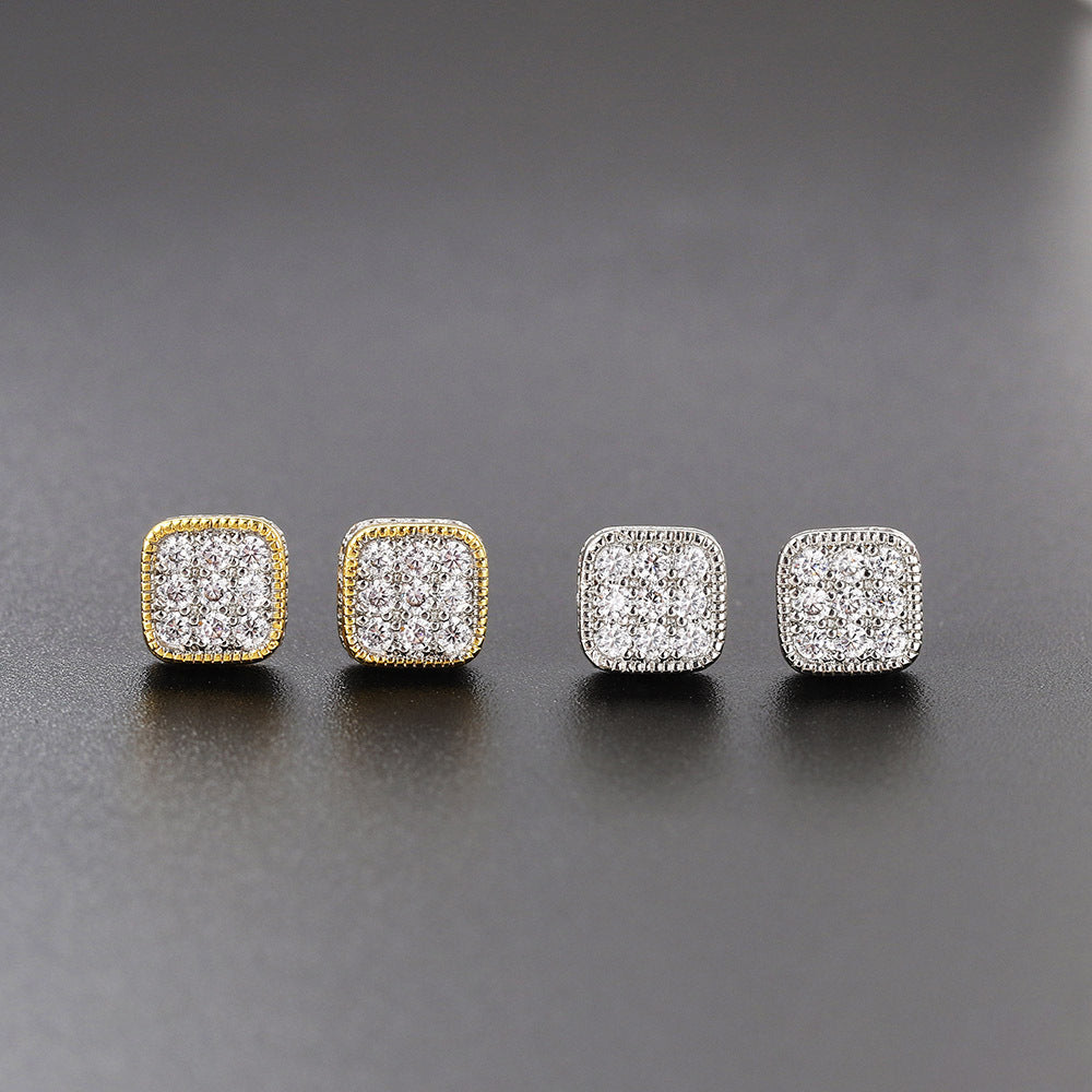 Street Square Hip Hop Full Diamond Gold Threaded Earrings