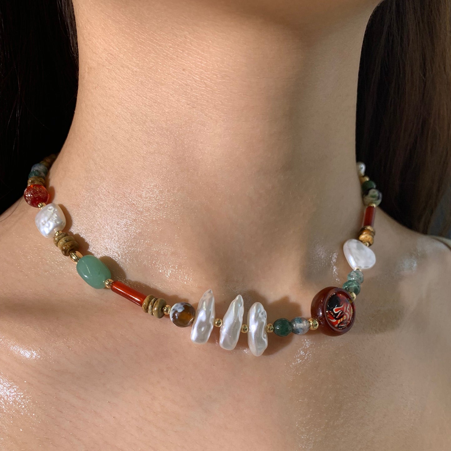 Agate Beaded Mixed and Matched Baroque Pearl Necklace