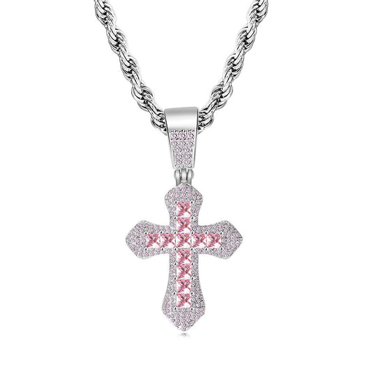 Square Colored Diamond Cross Pendant Full of Diamonds Hip-hop Necklace.