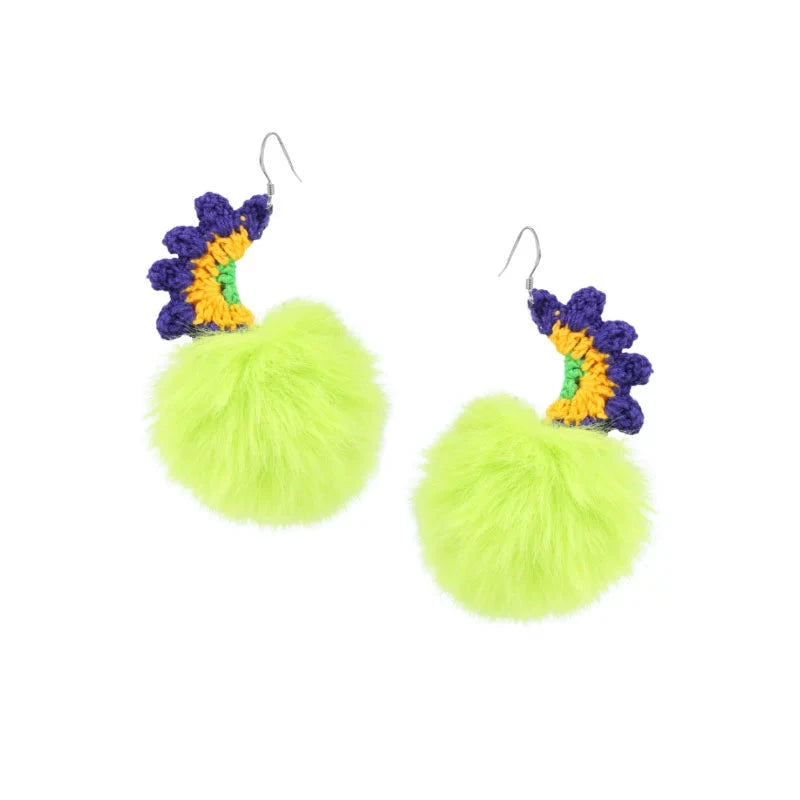 Original Green Plush Ball Earrings Hand-woven Cotton