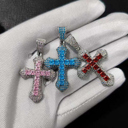 Square Colored Diamond Cross Pendant Full of Diamonds Hip-hop Necklace.