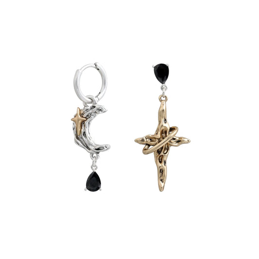 Mangstar Rune Matte Gold Silver Mangstar Moon Asymmetrical Earrings