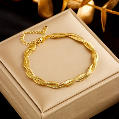 Gold Plated Braided Clavicle Chain Bracelet Necklace Titanium Steel Cross Jewelry