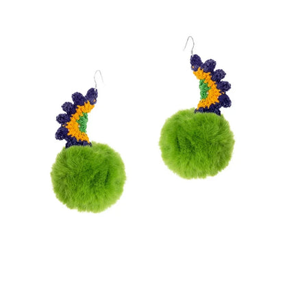 Original Green Plush Ball Earrings Hand-woven Cotton