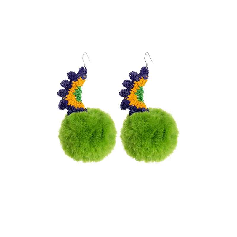 Original Green Plush Ball Earrings Hand-woven Cotton