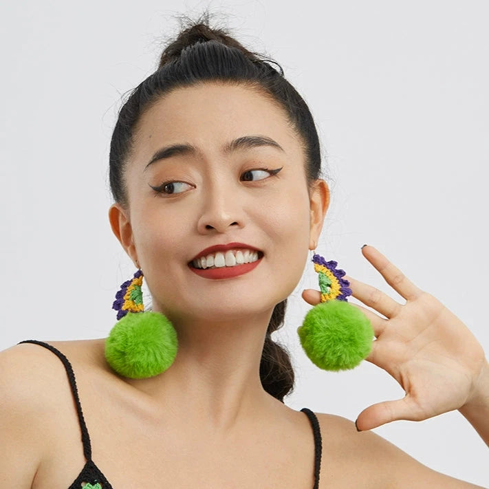 Original Green Plush Ball Earrings Hand-woven Cotton