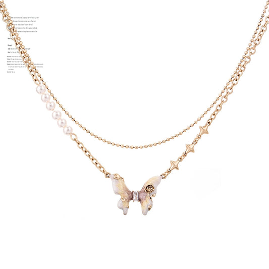 Lucky Butterfly Gradual Change Franc Pearl Diamond Necklace