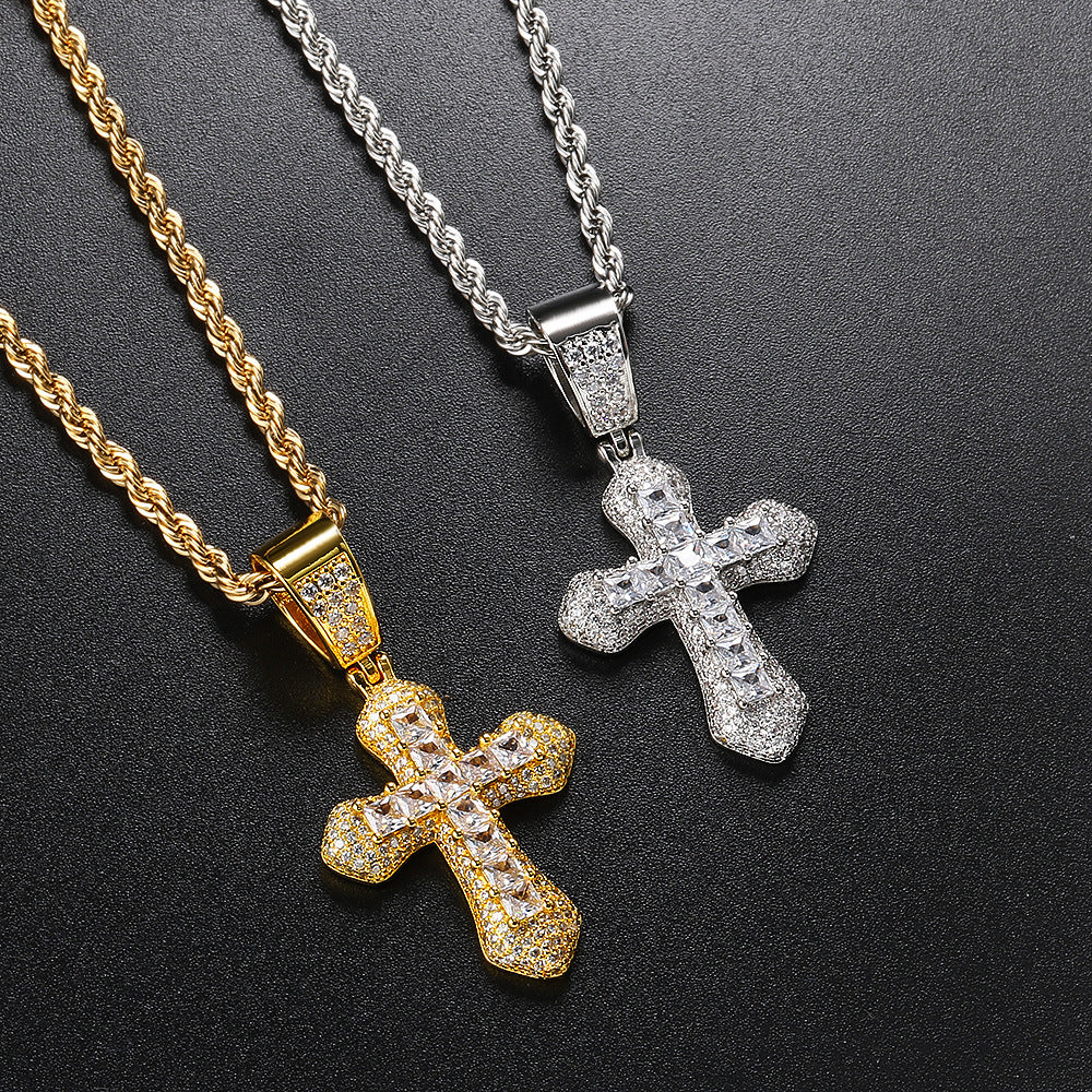 Square Colored Diamond Cross Pendant Full of Diamonds Hip-hop Necklace.