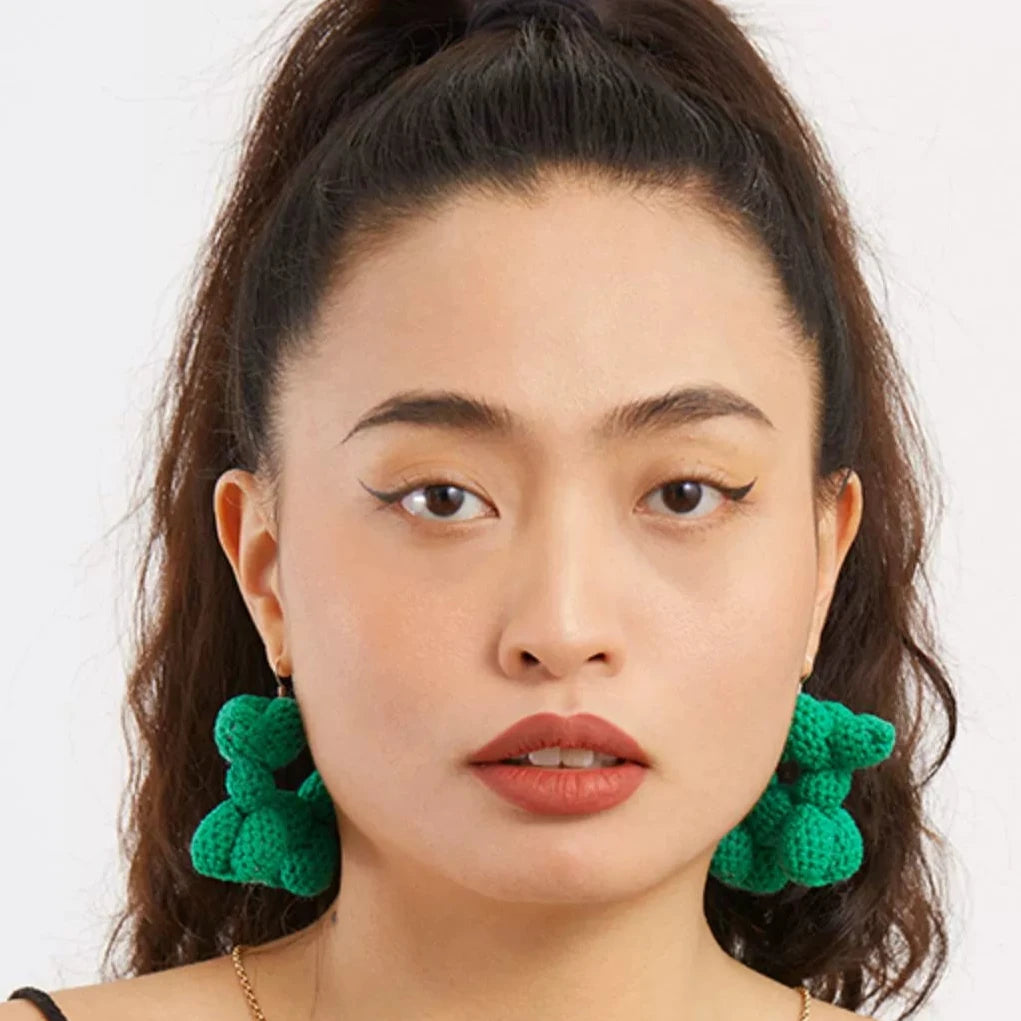 Original Green Balloon Dog Earrings Hand-woven Cotton