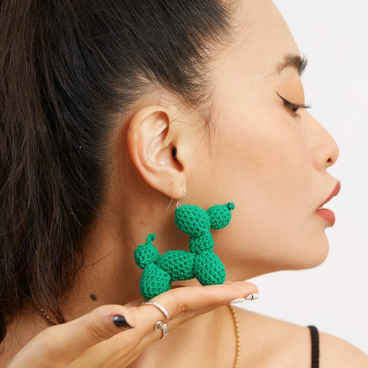 Original Green Balloon Dog Earrings Hand-woven Cotton