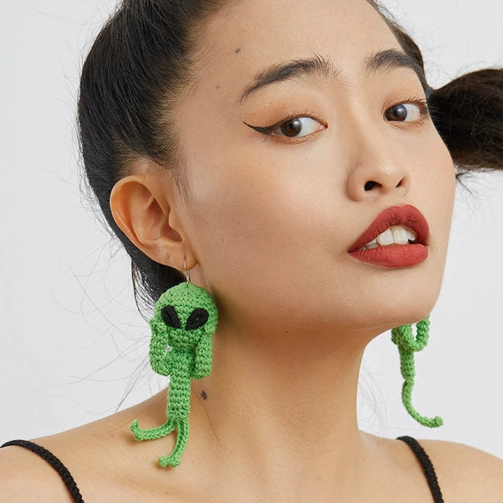 Green Plush Alien ET Earrings Hand-woven Cotton