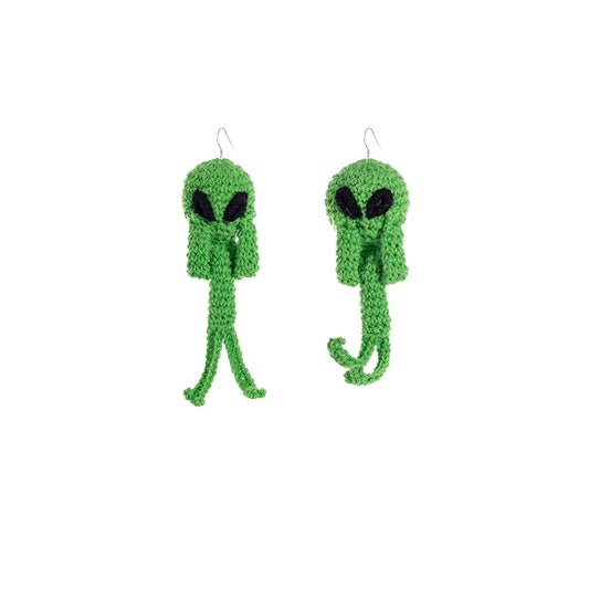 Green Plush Alien ET Earrings Hand-woven Cotton