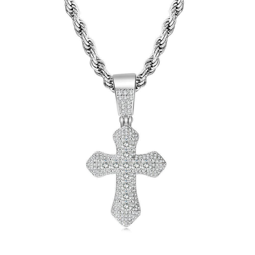 Square Colored Diamond Cross Pendant Full of Diamonds Hip-hop Necklace.