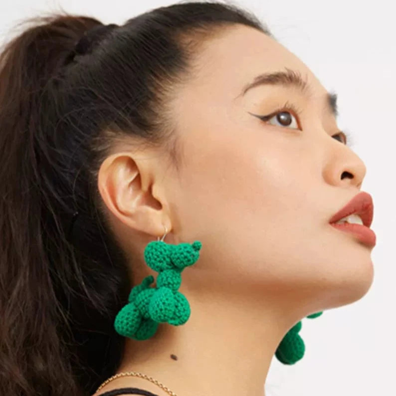 Original Green Balloon Dog Earrings Hand-woven Cotton