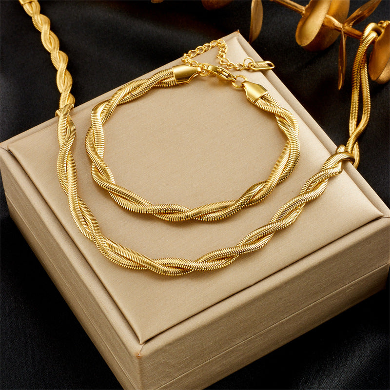 Gold Plated Braided Clavicle Chain Bracelet Necklace Titanium Steel Cross Jewelry