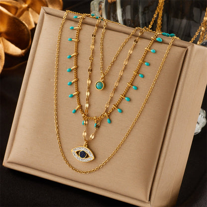 Multi-layer Chain Irregular Diamond-set Eyes Turquoise Pendant Titanium Steel Retro Necklace