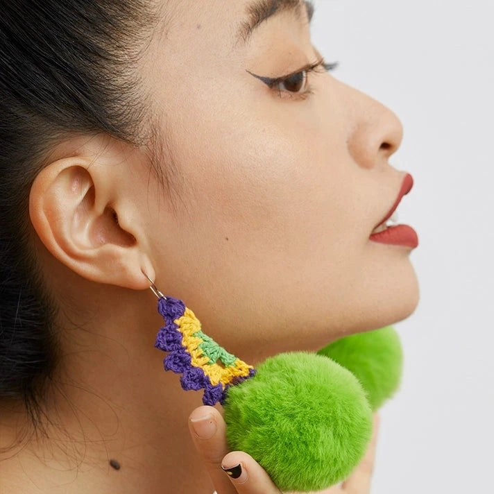 Original Green Plush Ball Earrings Hand-woven Cotton