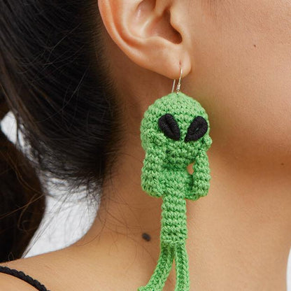 Green Plush Alien ET Earrings Hand-woven Cotton