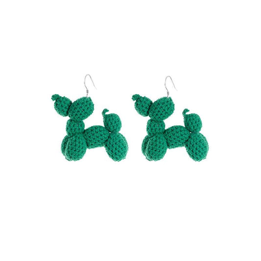 Original Green Balloon Dog Earrings Hand-woven Cotton