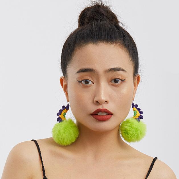 Original Green Plush Ball Earrings Hand-woven Cotton