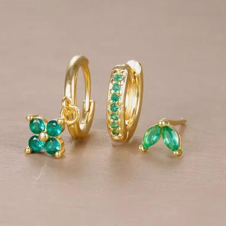 3 Pairs Gold/Silver Dainty Earrings Set   Three Hole Birthstone